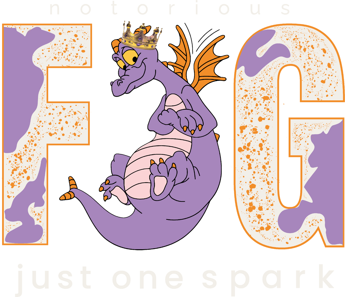 Purple cartoon dragon with orange wings and a crown inside large splatter F G letters, whimsical theme
