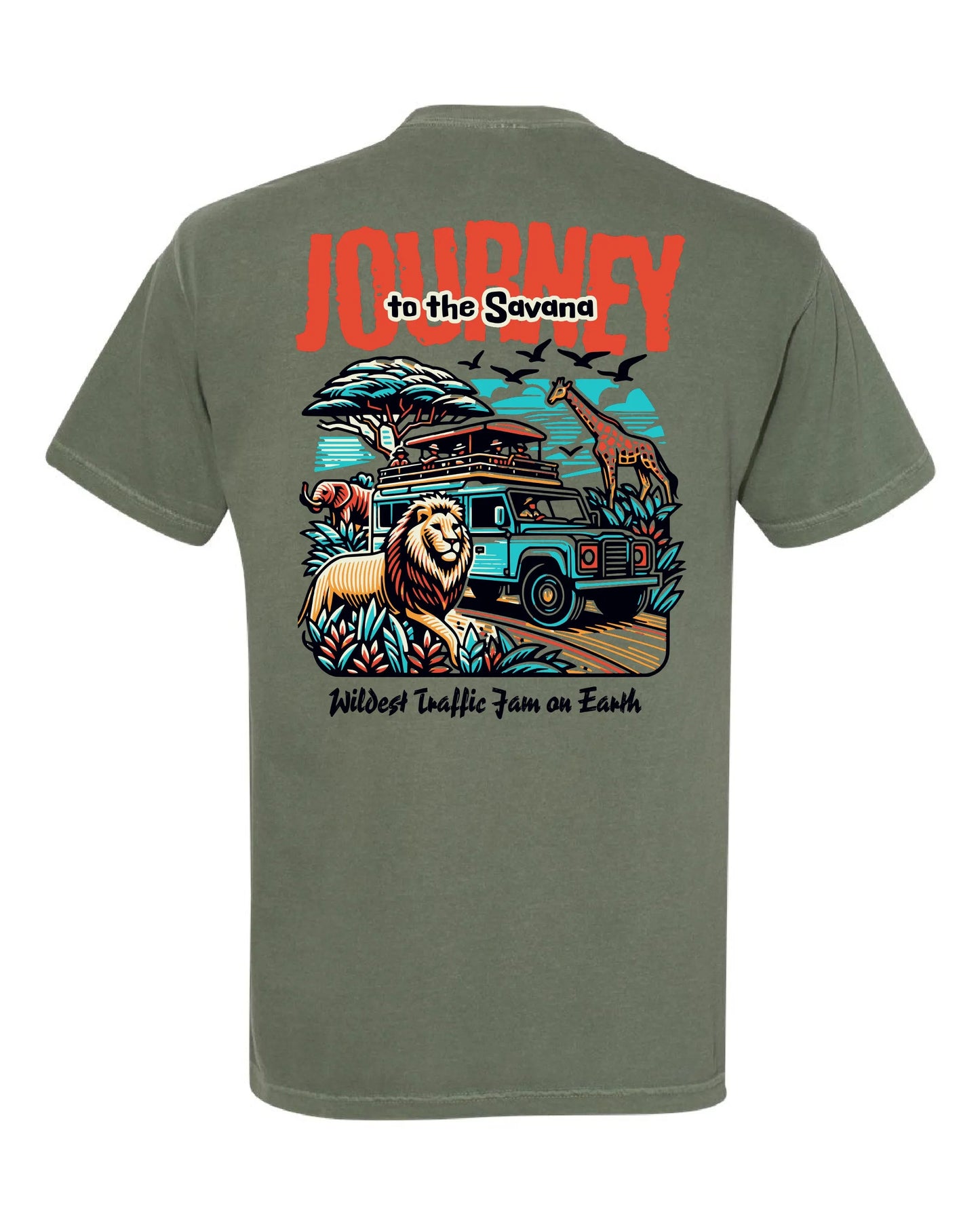 Journey to the Savanna shirt with lion, giraffe, jeep, and bold safari art