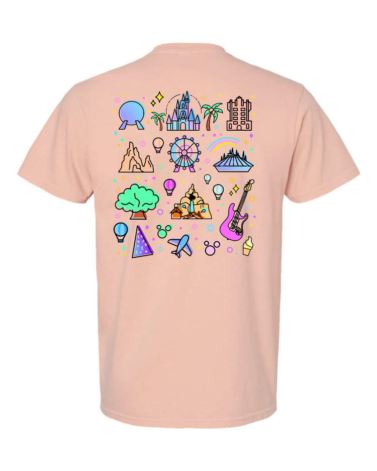 Back of shirt showing all the colorful Disney Icons.