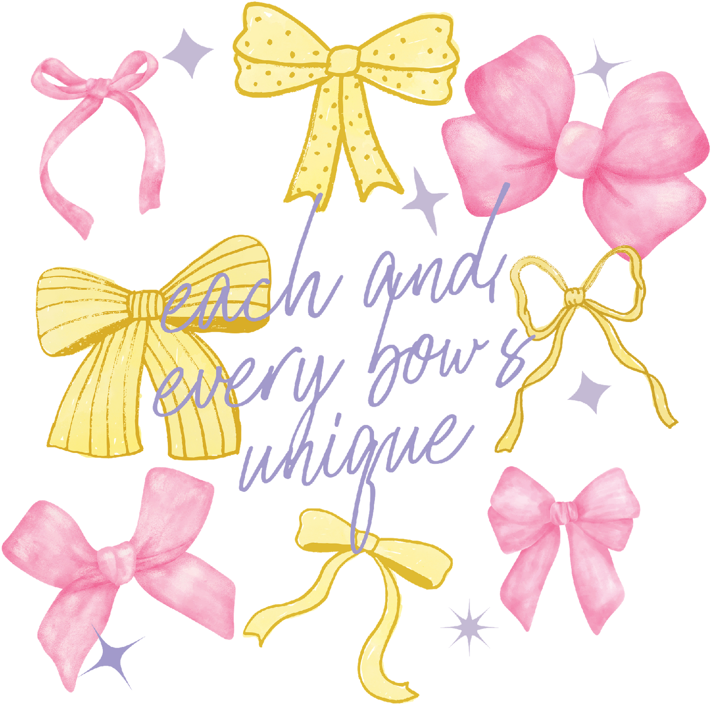 Pastel pink and yellow decorative bows with 'each and every bow's unique' text overlay.