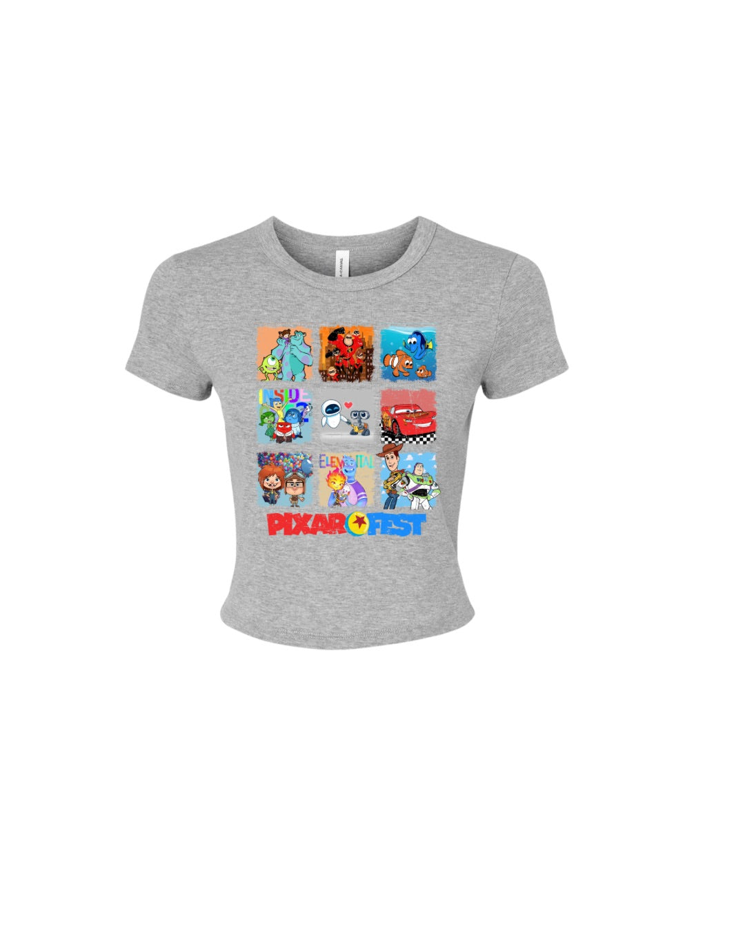 Gray t-shirt with colorful Pixar characters and 'Pixar Fest' text on a white background