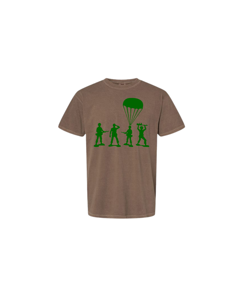 Brown t-shirt with green toy soldier graphic and parachute print on front