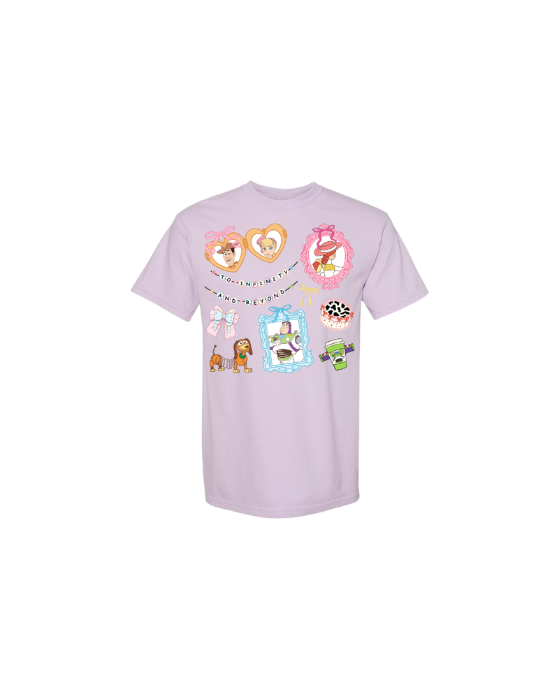 Light purple shirt with cartoon Toy Story-inspired characters, phrases, and themed icons.
