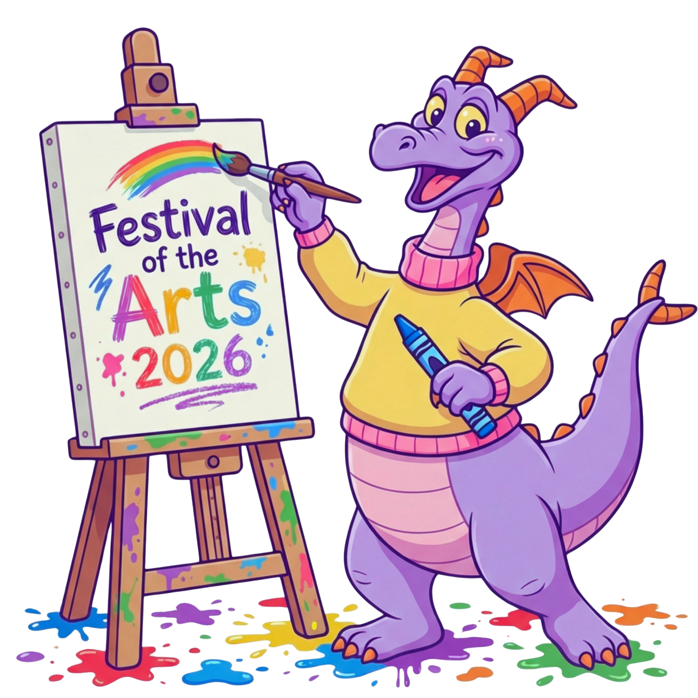 Purple cartoon dragon painting a rainbow on 'Festival of the Arts 2026' sign with easel