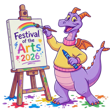 Purple cartoon dragon painting a rainbow on 'Festival of the Arts 2026' sign with easel