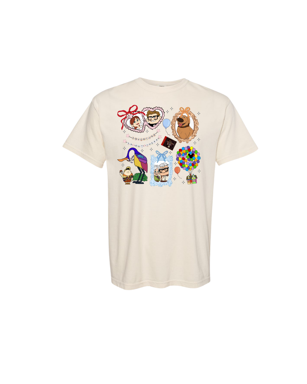 Beige t-shirt featuring colorful cartoon graphics inspired by the movie Up, including balloons, house, dog, bird, and characters.