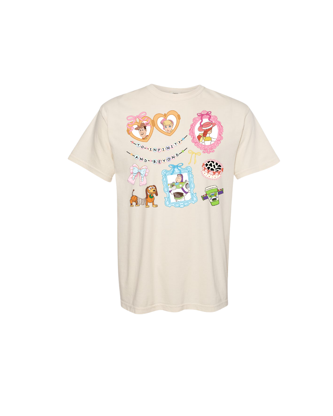 Cream t-shirt with colorful cartoon character frames, theme park treats, and 'To Infinity and Beyond' text