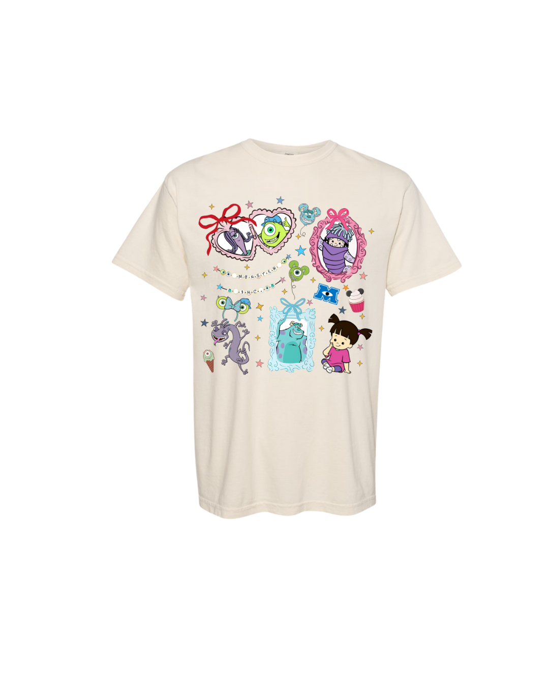 Cream t-shirt with colorful cartoon monster and child graphic designs, Disney-inspired apparel