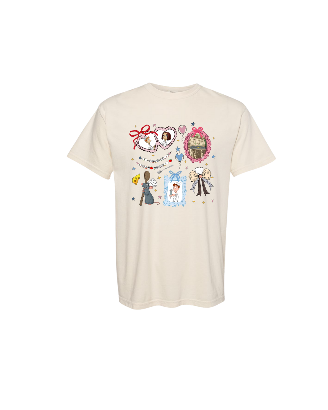 Cream t-shirt with Disney-inspired cartoon graphics, including a mouse, cheese, and fancy frames.