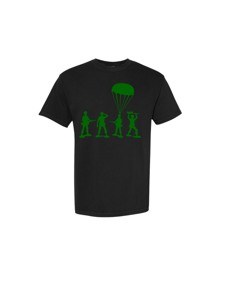 Black t-shirt with green toy soldier silhouettes and parachute graphic on chest