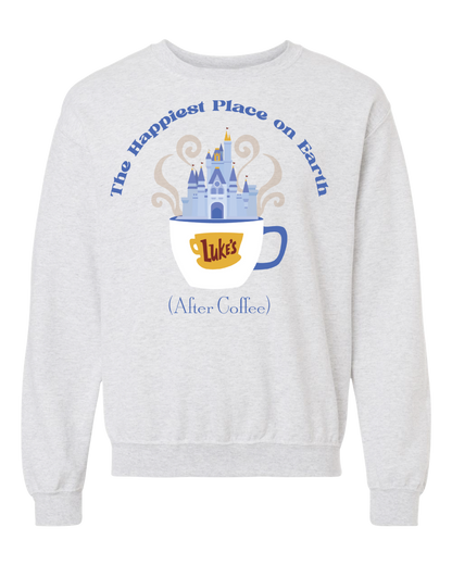 Light gray sweatshirt with a coffee cup and castle graphic, featuring the text 'The Happiest Place on Earth (After Coffee)'