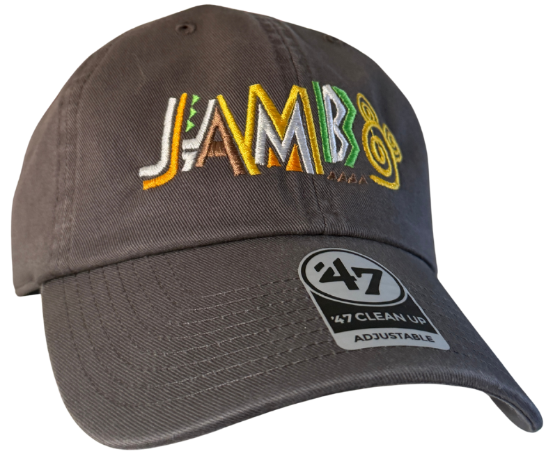 Gray adjustable cap with colorful embroidered 'JAMBO' text and '47 Clean Up' sticker