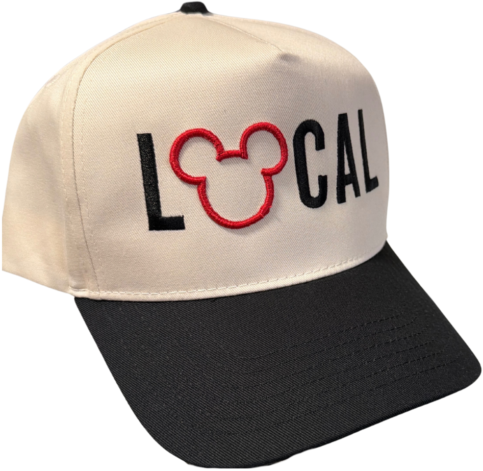 Beige and black baseball cap with LOCAL text and red mouse ears embroidery
