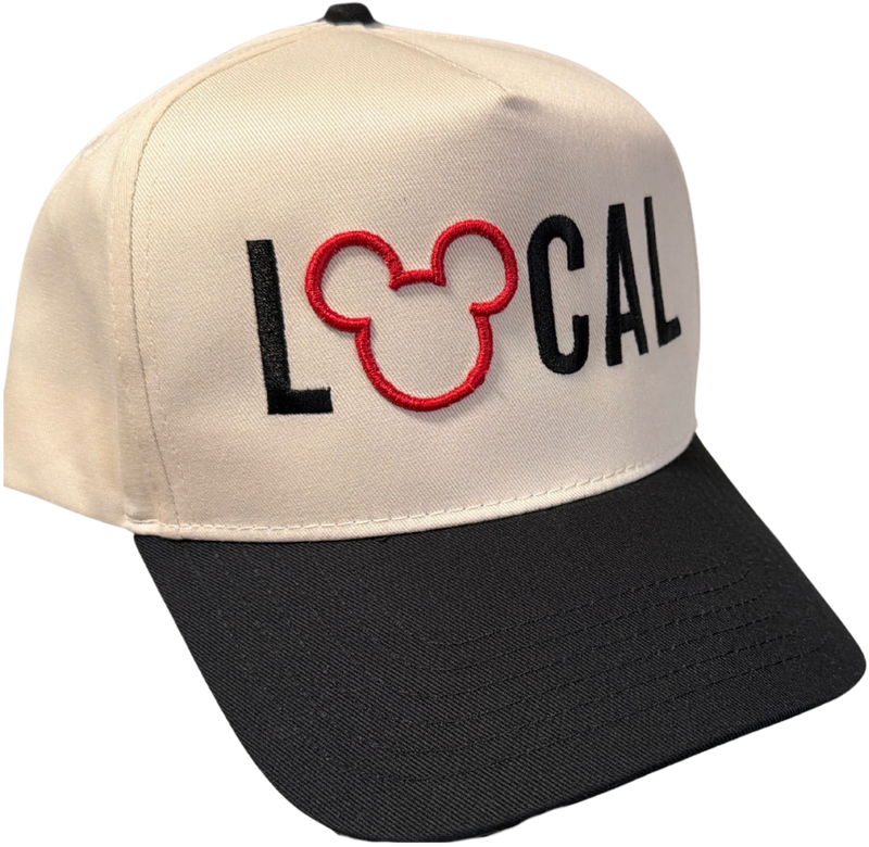 Beige and black baseball cap with LOCAL text and red mouse ears embroidery