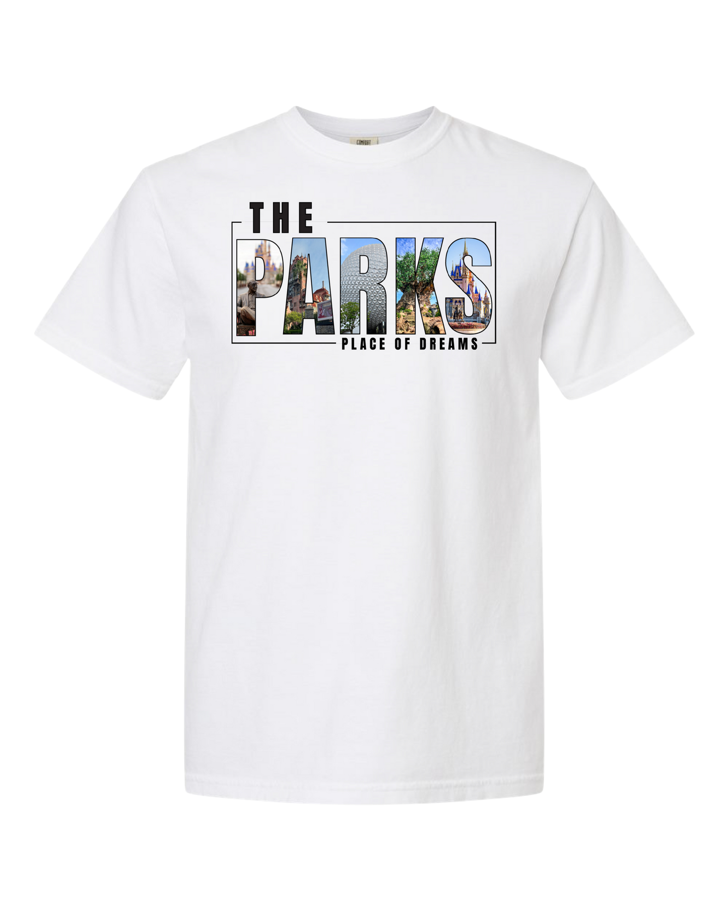 White t-shirt featuring 'The Parks Place of Dreams' with theme park icons in bold letters.