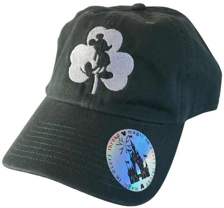 Green baseball cap with white clover and mouse ears embroidery, magic castle sticker on brim