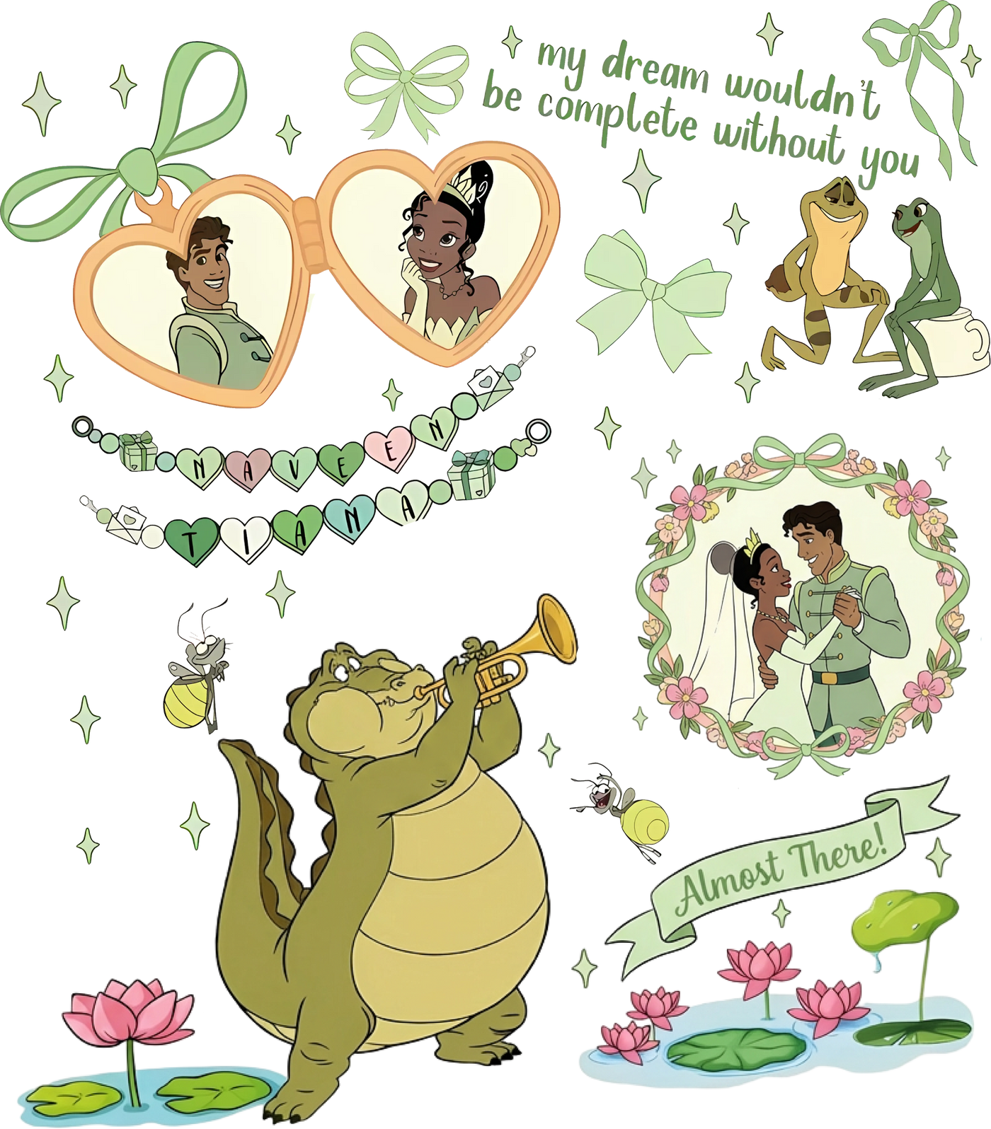 Princess and the Frog inspired graphic with Tiana, Naveen, alligator playing trumpet, frogs, and floral accents.