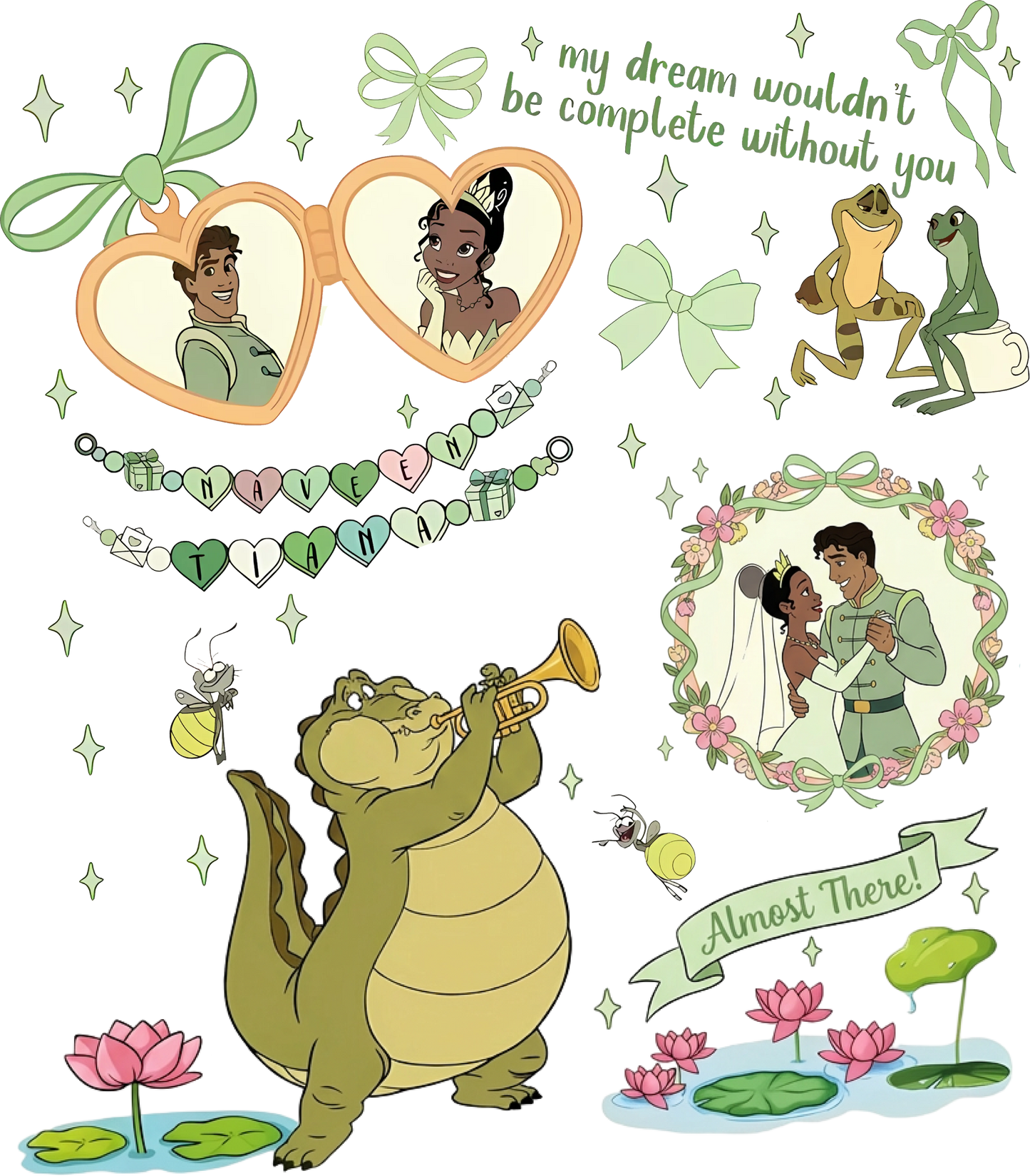 Princess and the Frog inspired graphic with Tiana, Naveen, alligator playing trumpet, frogs, and floral accents.