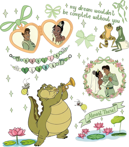 Princess and the Frog inspired graphic with Tiana, Naveen, alligator playing trumpet, frogs, and floral accents.