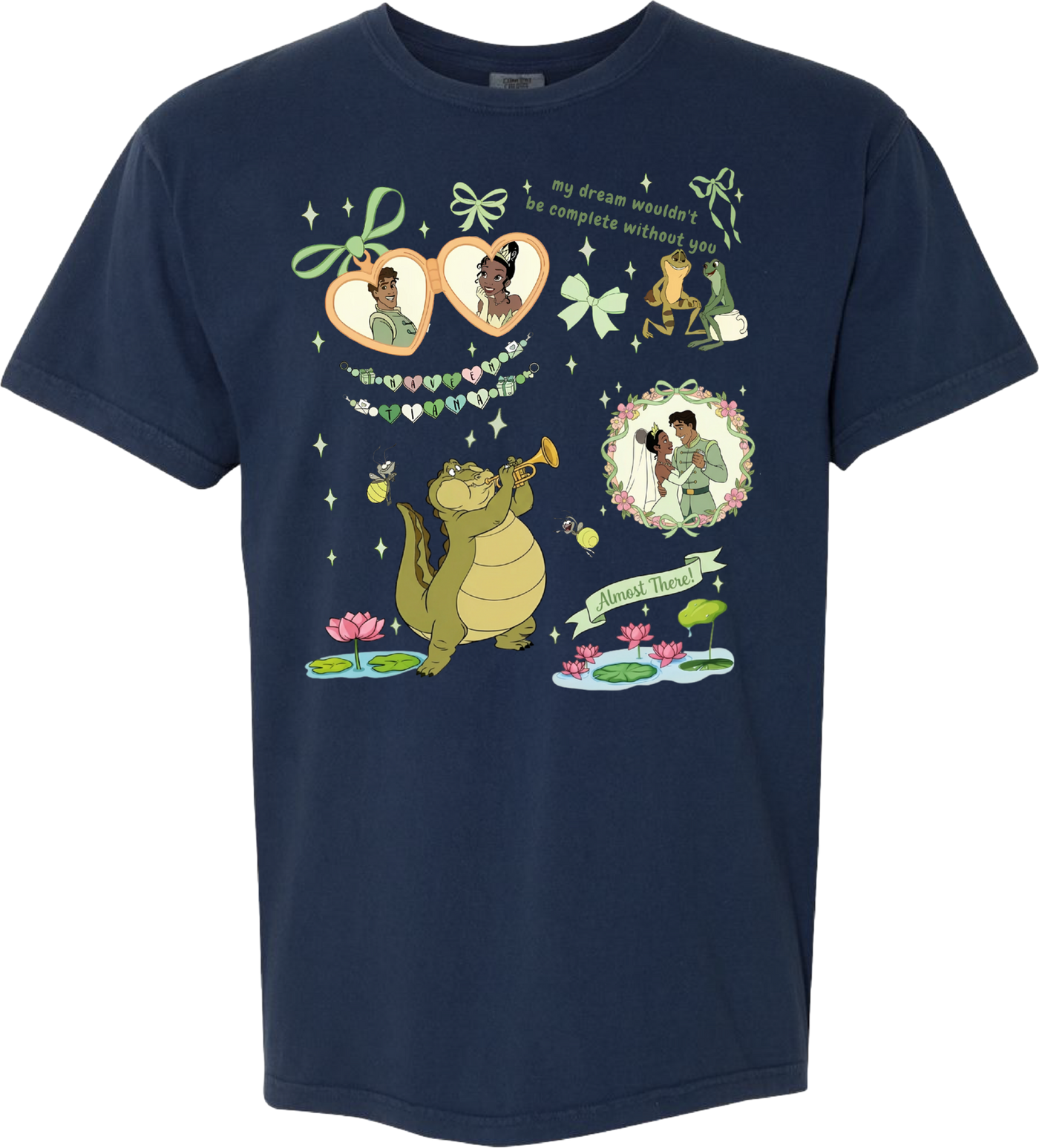 Navy shirt with Princess and the Frog inspired graphics, featuring characters, lilies, and musical alligator.