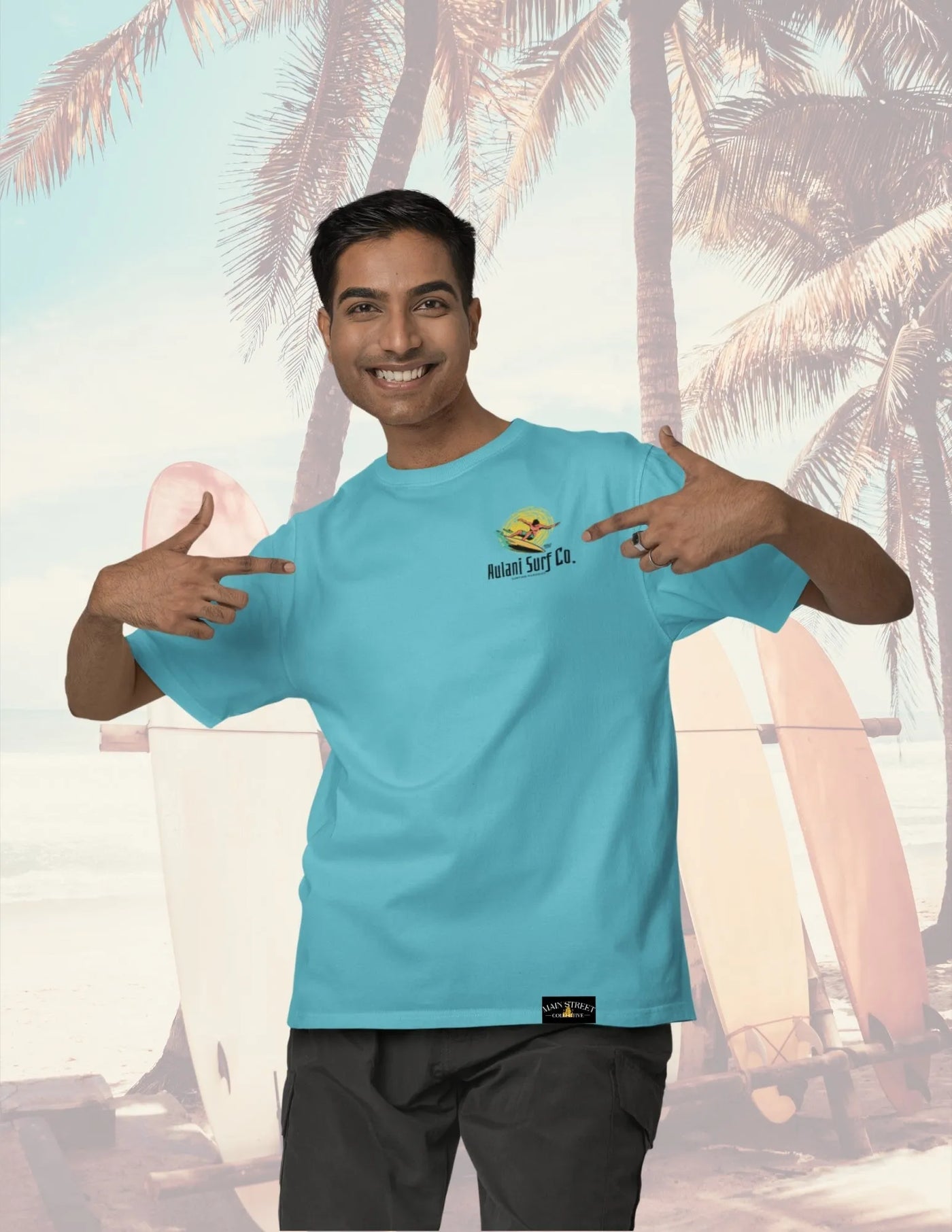 Unisex blue surf tee with vintage-style Hawaii Summers back graphic