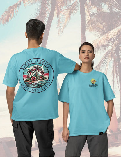 Unisex blue surf tee with vintage-style Hawaii Summers back graphic