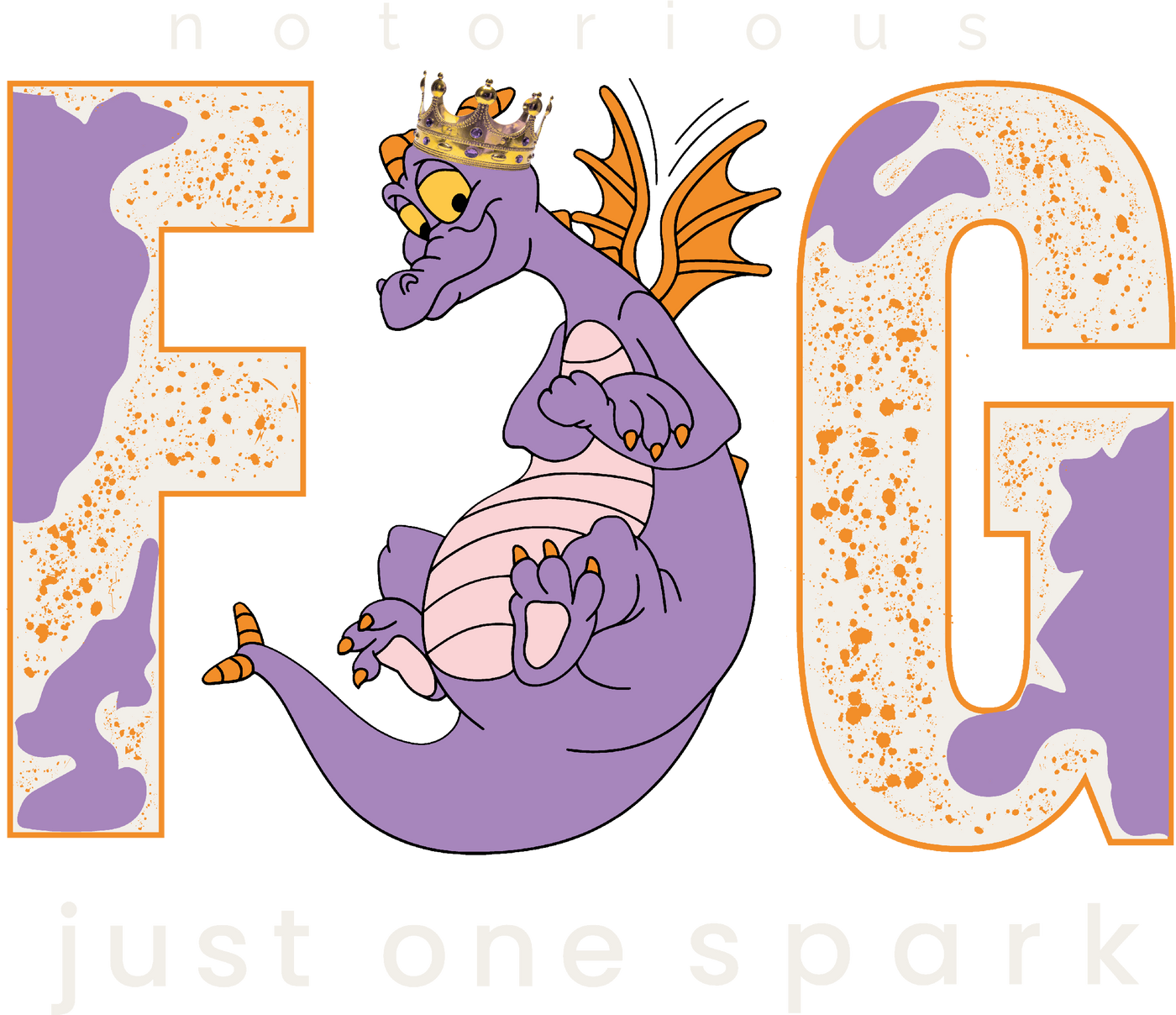 Purple cartoon dragon with orange wings and a crown inside large splatter F G letters, whimsical theme