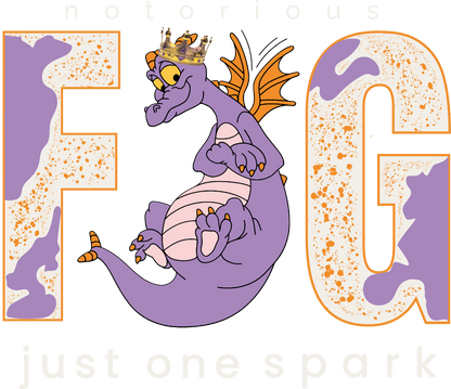 Purple cartoon dragon with orange wings and a crown inside large splatter F G letters, whimsical theme