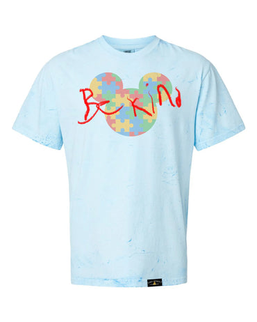 Light blue autism awareness shirt with colorful Mickey graphic