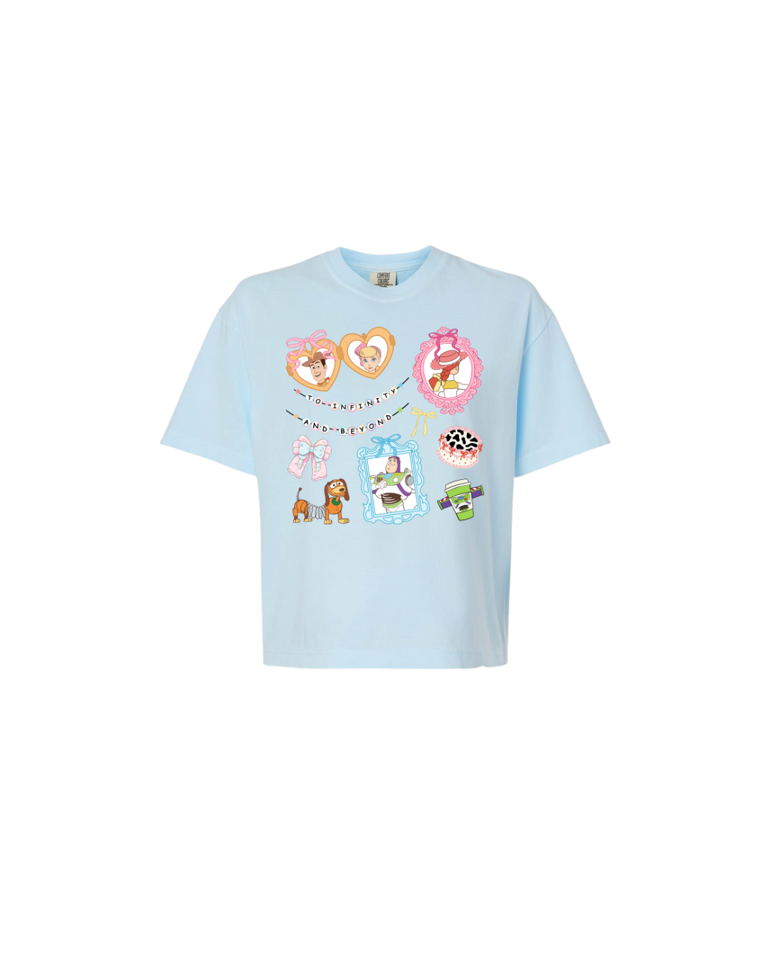 Light blue t-shirt with colorful graphics on a white background