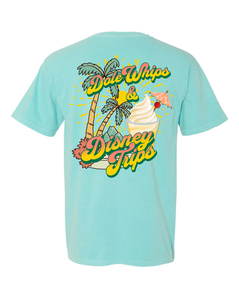 Aqua t-shirt with tropical palm trees, Dole Whip dessert, and 'Dole Whips & Disney Trips' text.