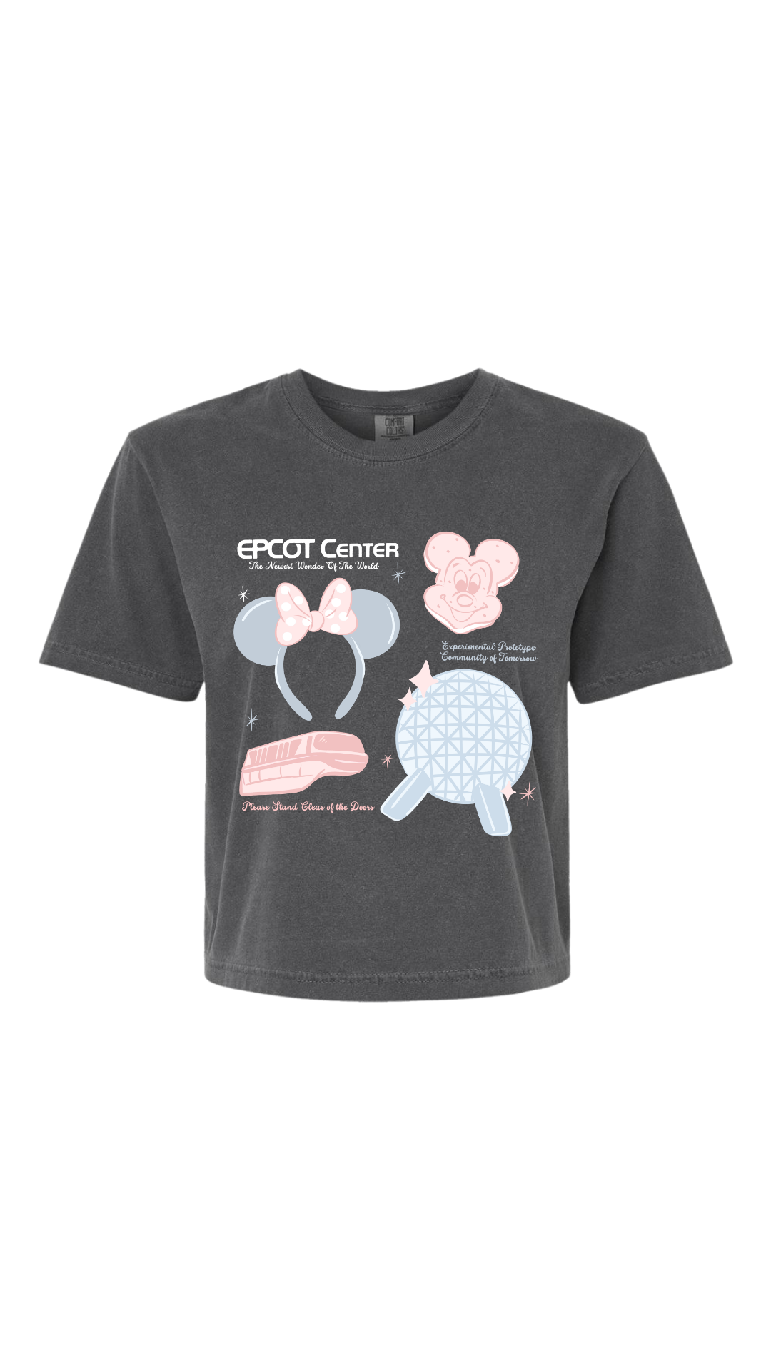 Black EPCOT-inspired t-shirt featuring pastel Minnie ears, monorail, and Spaceship Earth icons