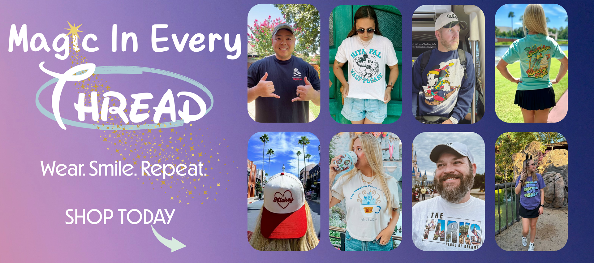 Colorful banner with text 'Magic In Every Thread', showing people wearing Disney-inspired shirts and hats.