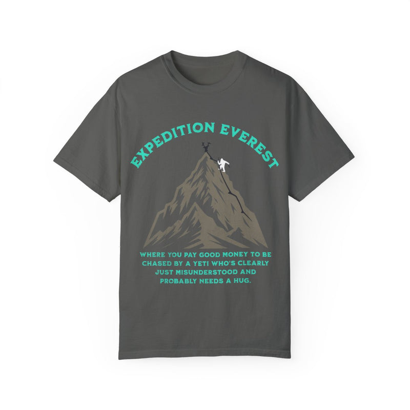 Expedition Everest graphic tee with mountain, yeti, and humorous text about adventure.