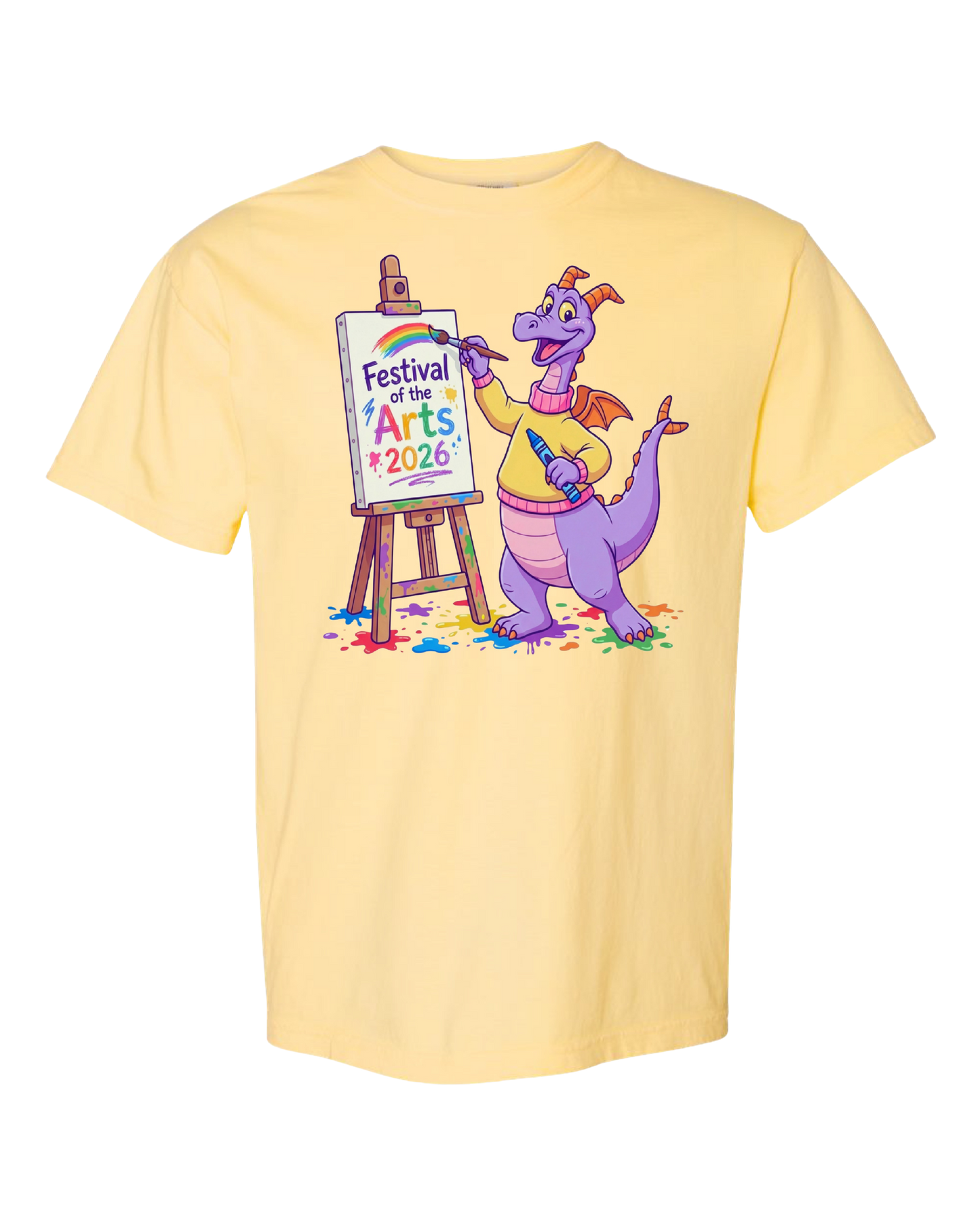 Yellow t-shirt with cartoon purple dragon painting 'Festival of the Arts 2026' on easel