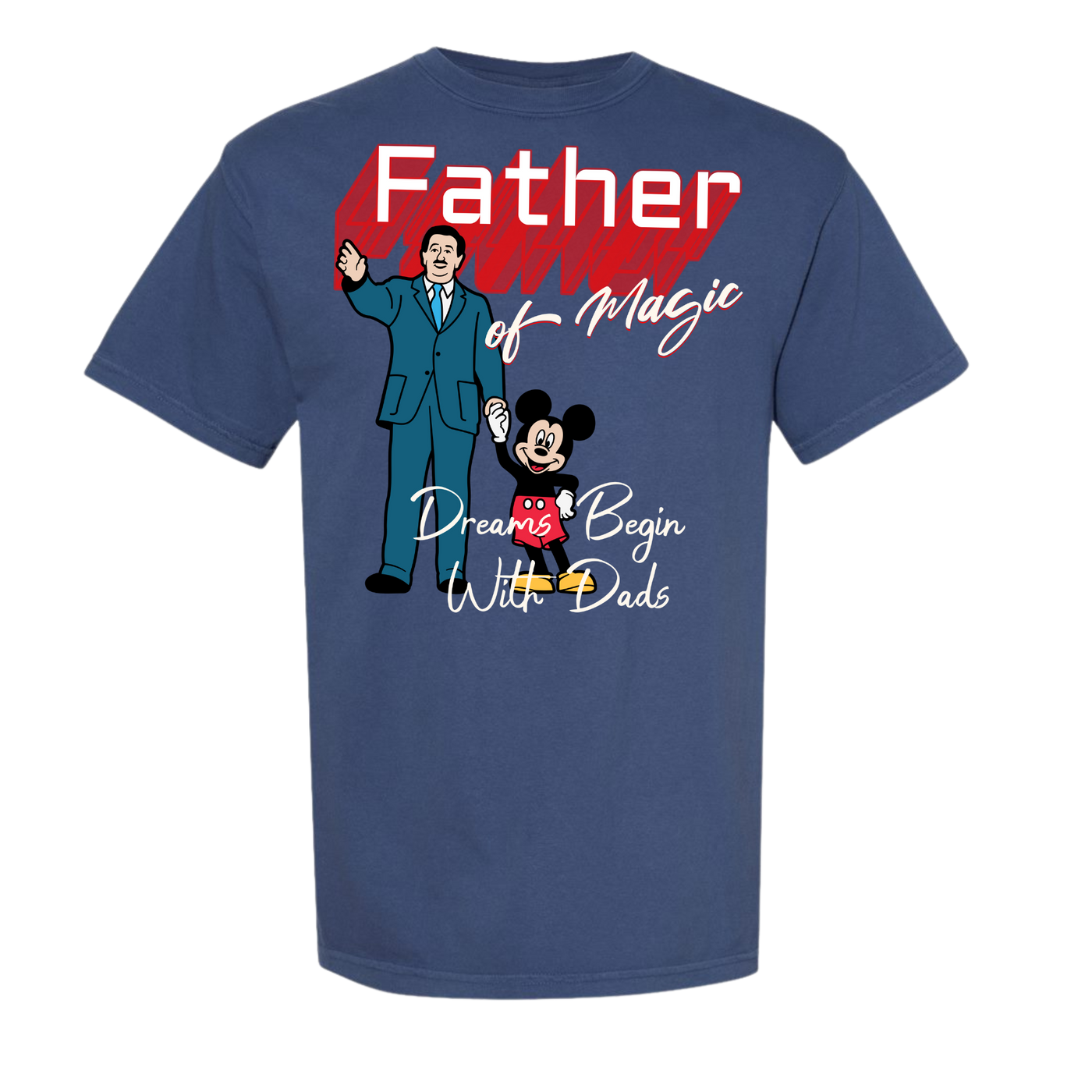 Navy shirt featuring cartoon man in a suit holding hands with a mouse, fatherhood magic theme