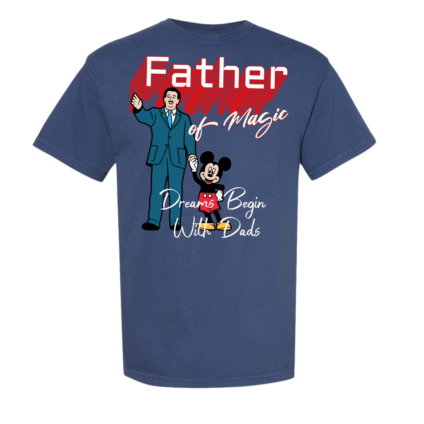 Navy shirt featuring cartoon man in a suit holding hands with a mouse, fatherhood magic theme