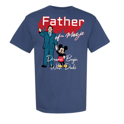 Navy shirt featuring cartoon man in a suit holding hands with a mouse, fatherhood magic theme