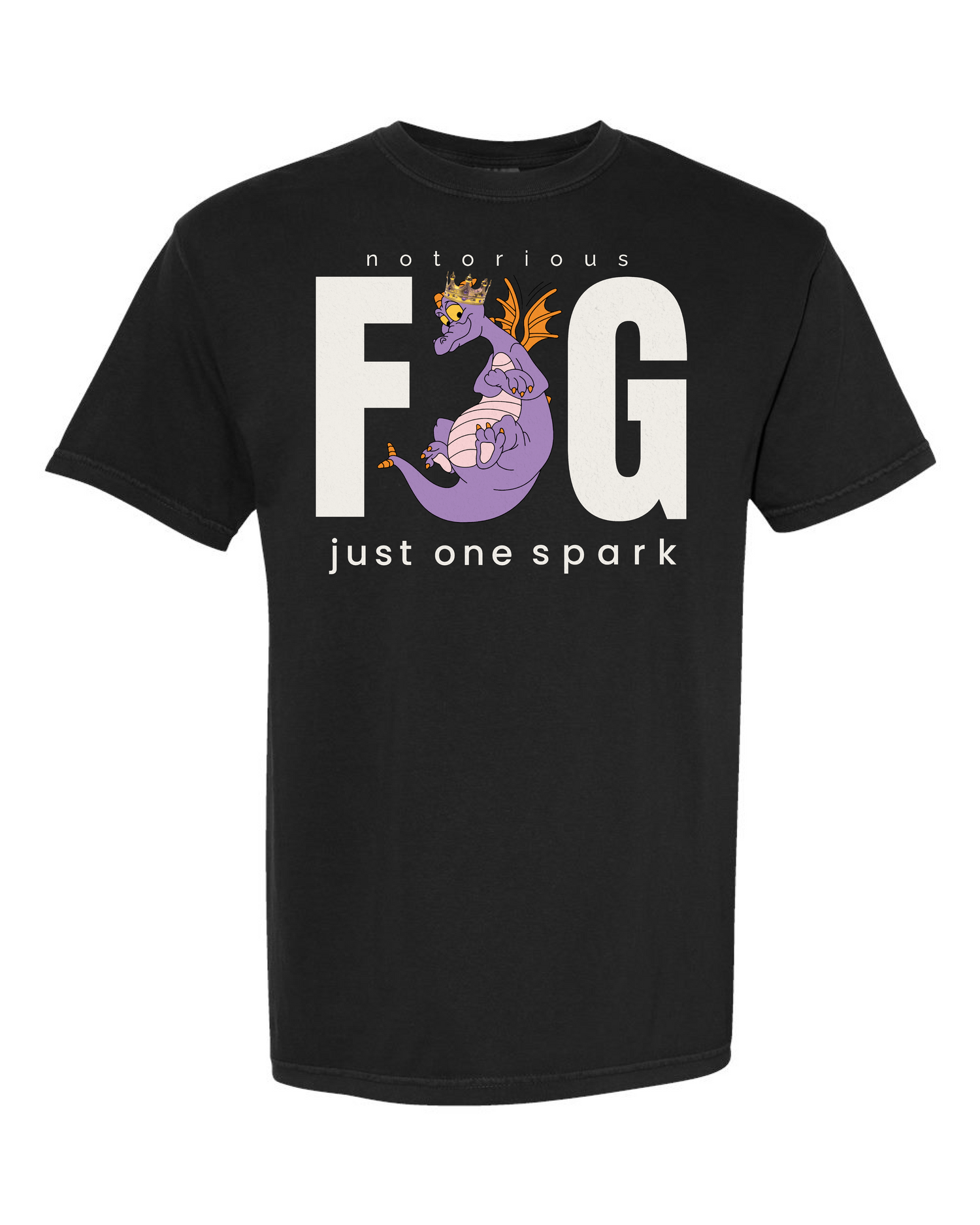 Black t-shirt with playful purple dragon graphic, text reading 'notorious FIG just one spark'.