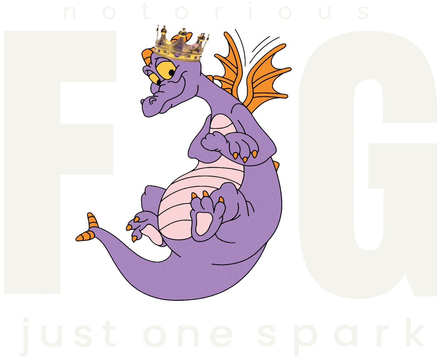Purple cartoon dragon with orange wings and crown, playful pose, text says notorious FG just one spark