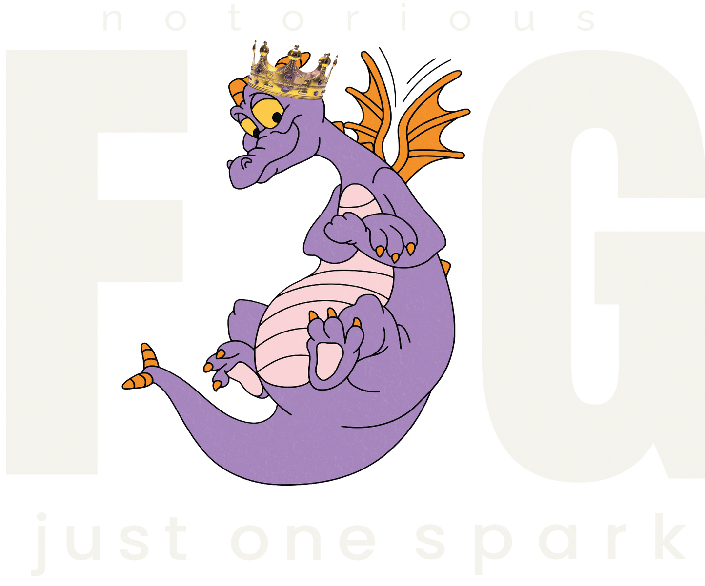 Purple cartoon dragon with orange wings and crown, playful pose, text says notorious FG just one spark