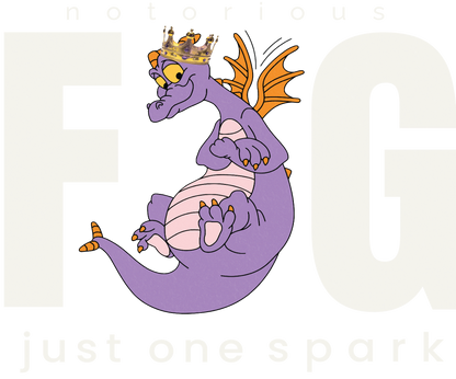 Purple cartoon dragon with orange wings and crown, playful pose, text says notorious FG just one spark