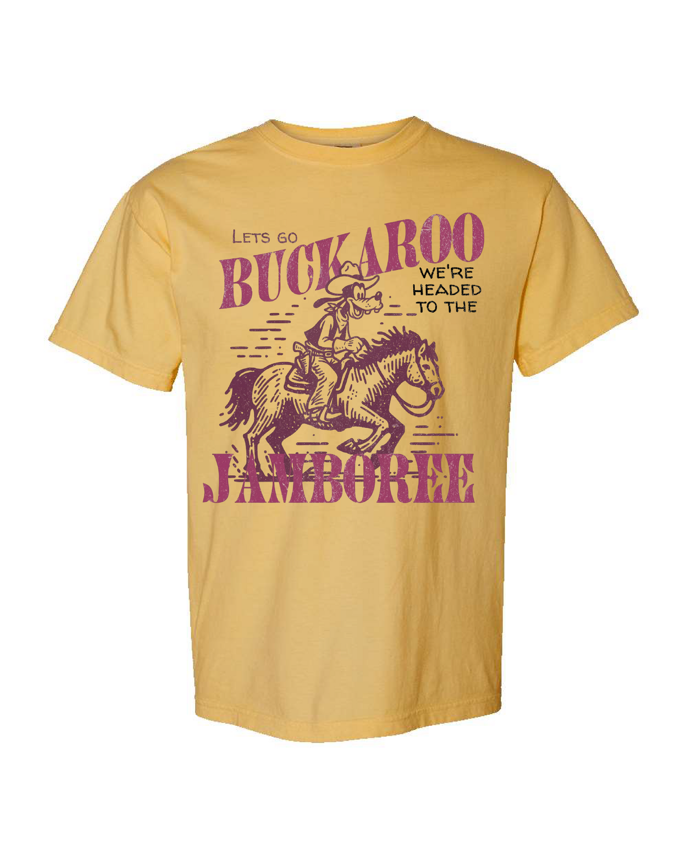 Yellow shirt with vintage cowboy riding horse graphic and 'Lets go Buckaroo Jamboree' text.