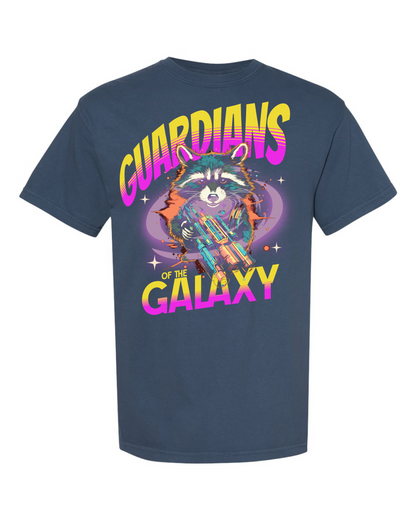 Guardians of the Galaxy shirt with neon raccoon graphic and space blaster
