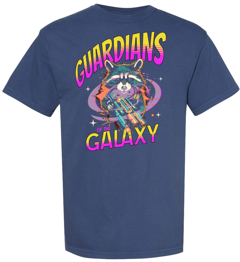Blue Guardians of the Galaxy t-shirt featuring a cartoon raccoon with a blaster and neon text.
