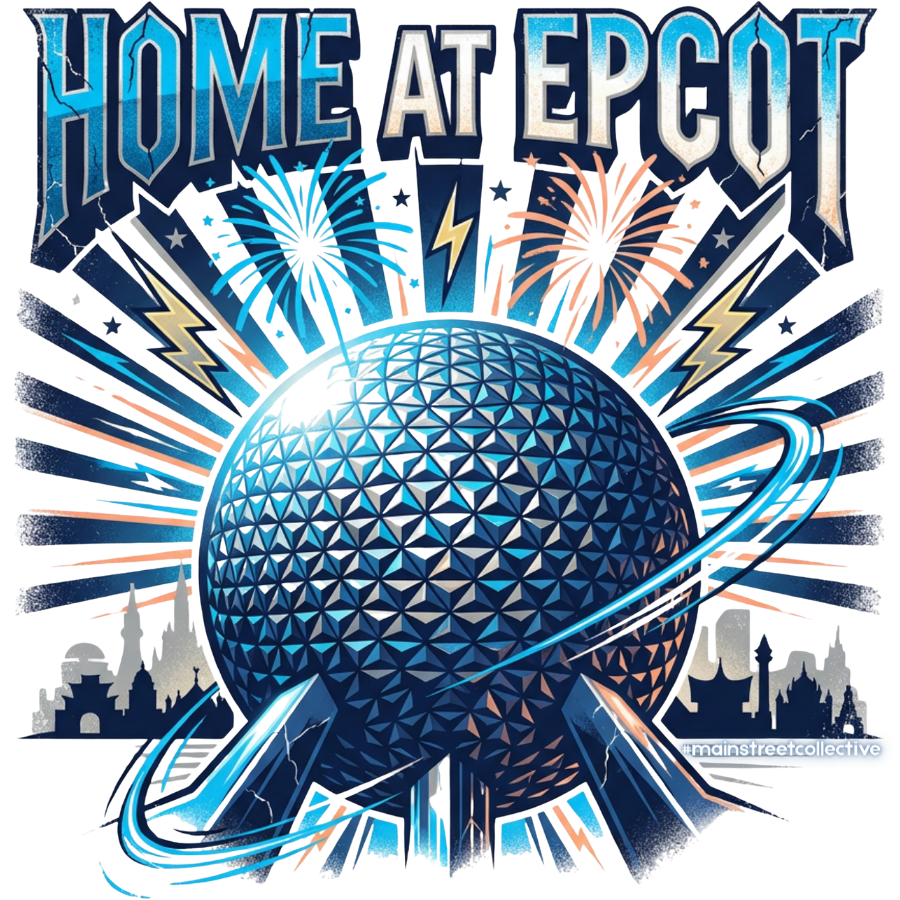 EPCOT geodesic sphere with fireworks, lightning, and park skyline, text HOME AT EPCOT.