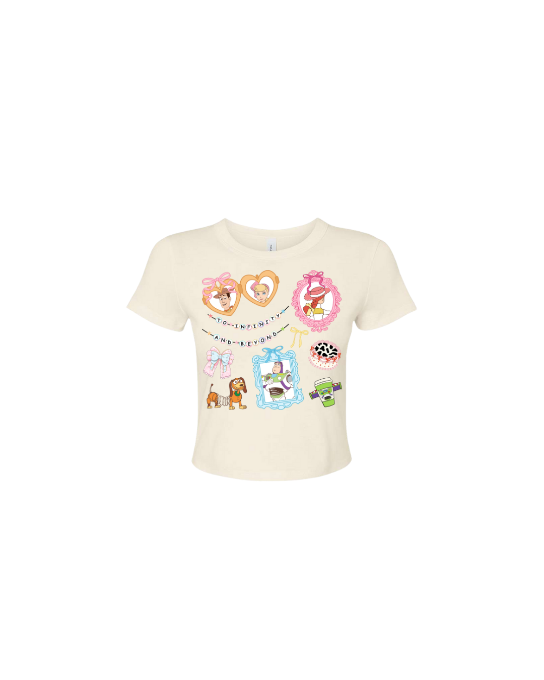 Ivory baby tee with colorful cartoon Toy Story-inspired graphics and 'to infinity and beyond' text