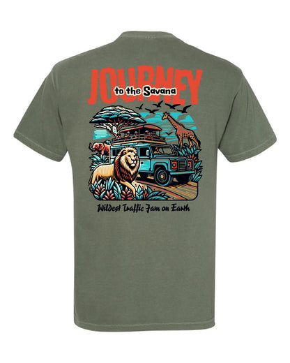Journey to the Savanna shirt with lion, giraffe, jeep, and bold safari art
