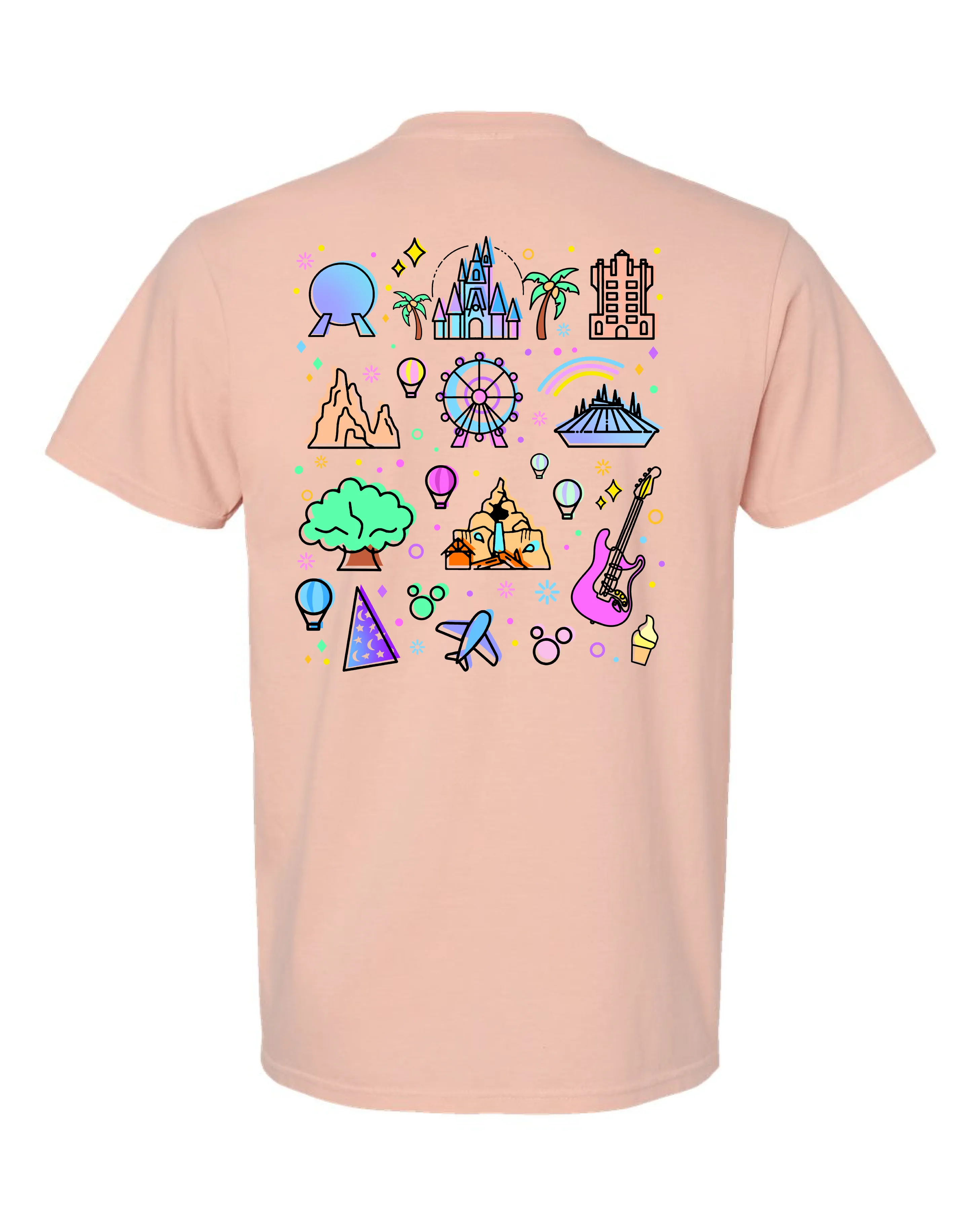 Back of shirt showing all the colorful Disney Icons.