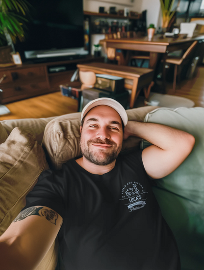 Luca’s Scooter Co. shirt front logo with Portorosso scooter shop design